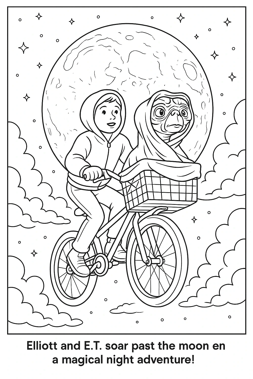 Black-and-white printable coloring page of a child bicycling with an alien in a basket past the moon; detailed coloring page, kids' coloring page, printable coloring page and coloring sheets included.