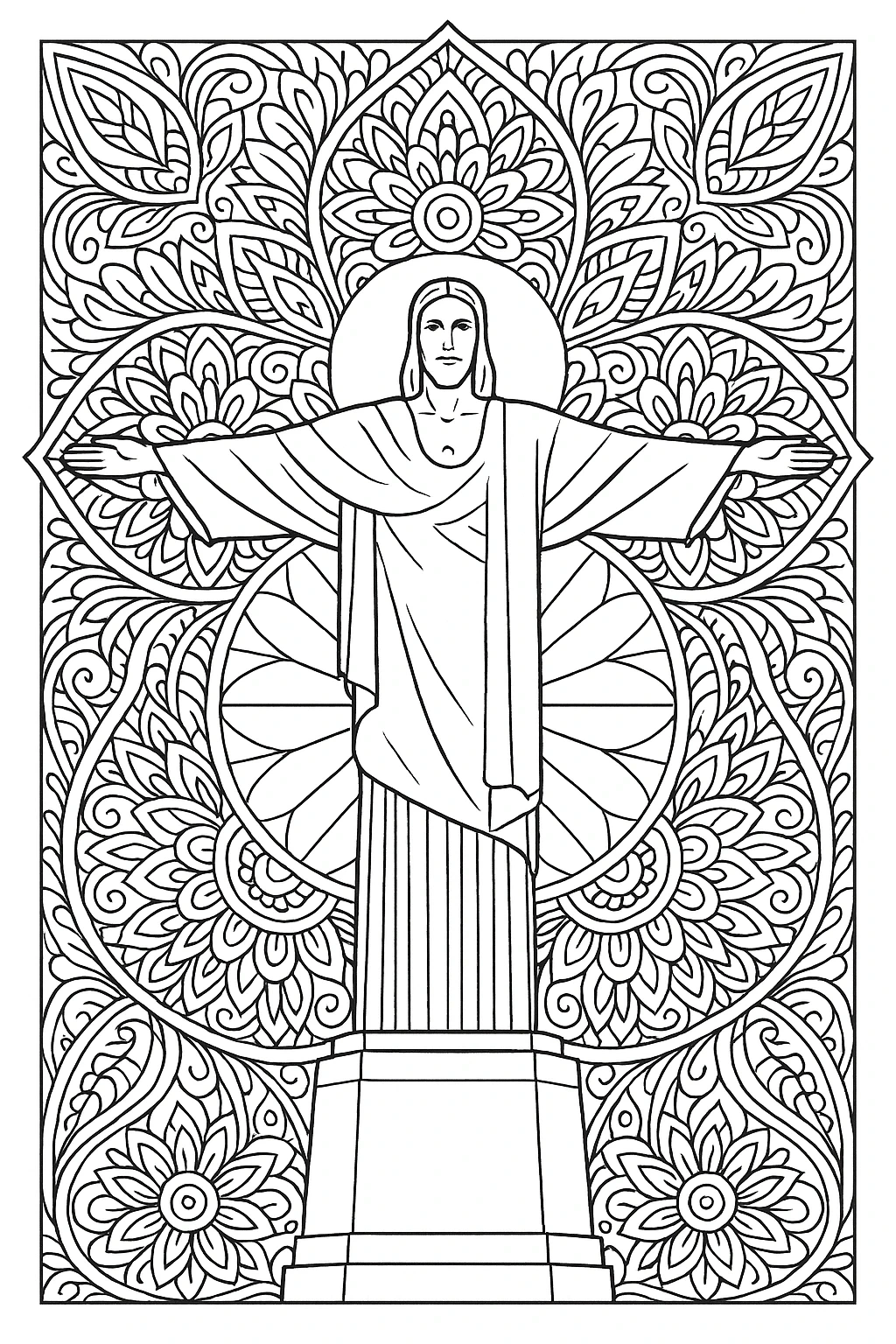 Intricate mandala background with a standing statue figure and outstretched arms detailed coloring page, kids' coloring page, printable coloring page and coloring sheets for mandala and people themes.