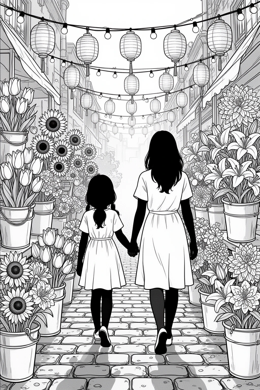Mother's Day coloring page Mom and Daughter at the Flower Market.
