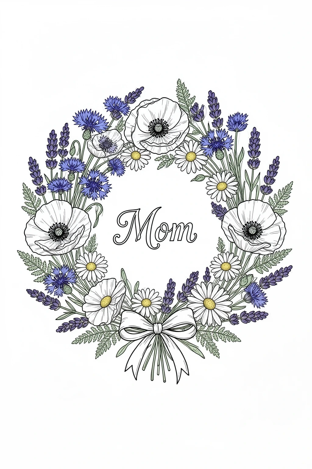 Mother's Day Wreath coloring page Wildflower Mom Design | Free PDF.
