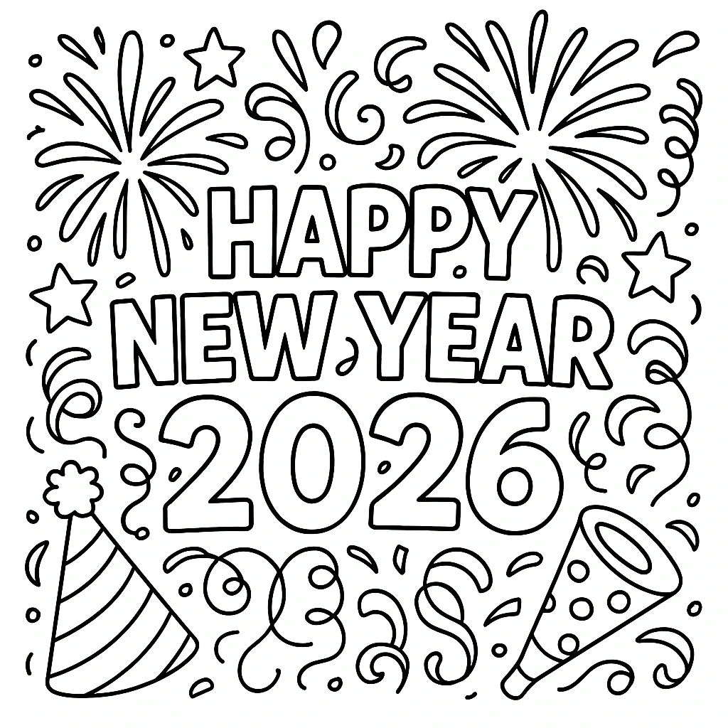 Black-and-white Happy New Year 2026 coloring sheet with fireworks, confetti, party hat and party popper printable coloring page for kids' coloring page, detailed coloring page, printable coloring