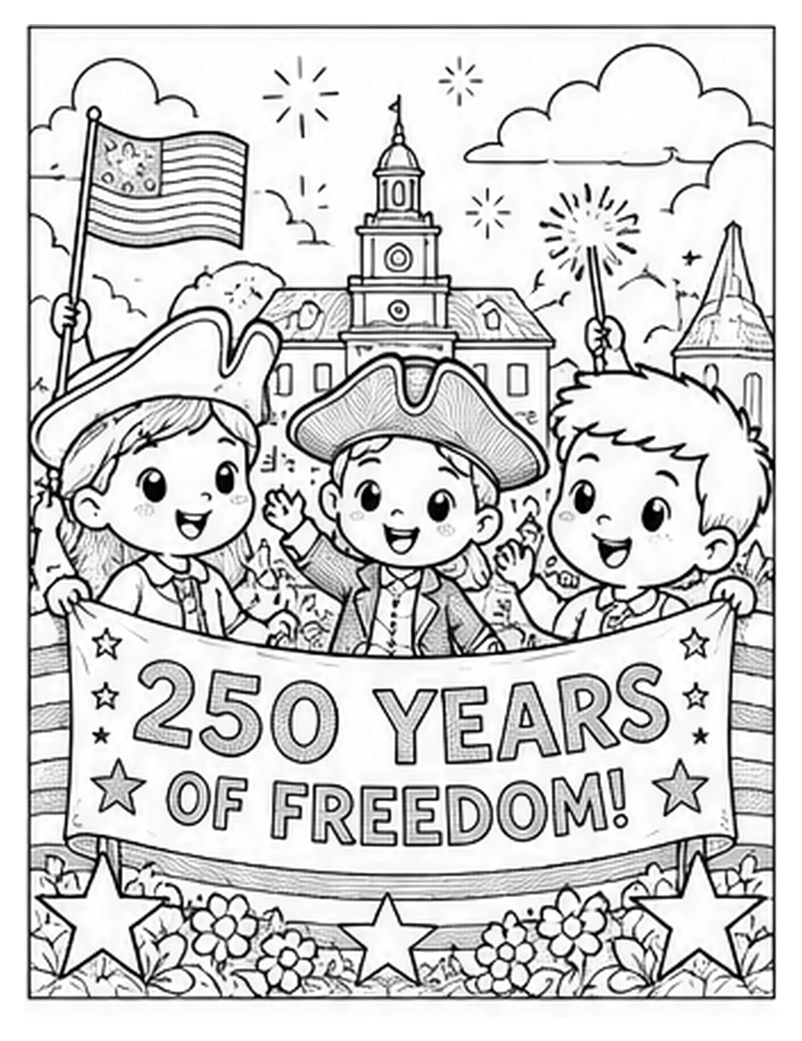Black and white patriotic coloring page showing three smiling kids holding a banner that says 250 Years of Freedom, with an American flag, fireworks, stars, and a historic building in the background.