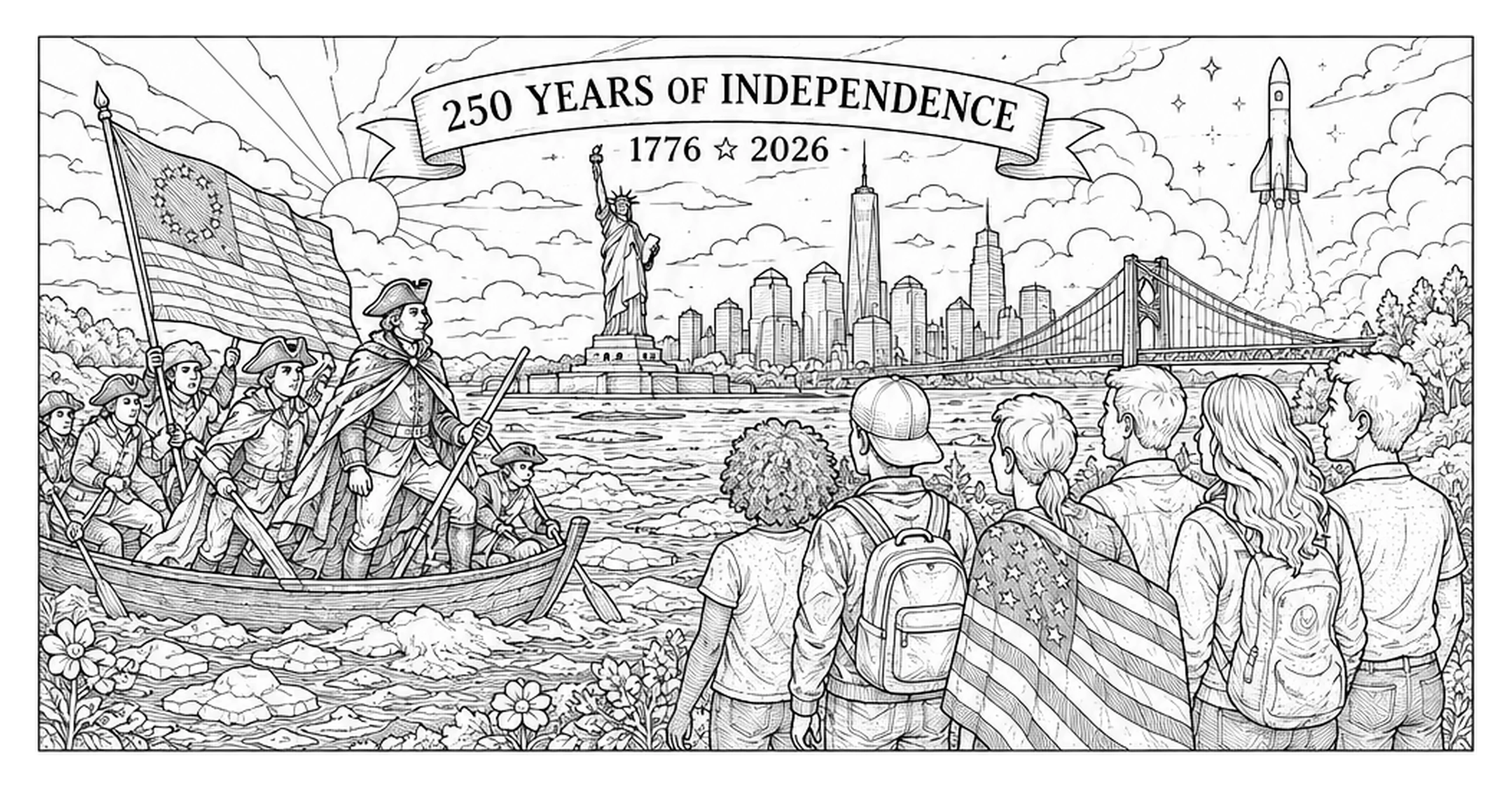 Black-and-white detailed coloring page scene celebrating 250 years of independence with historical figures in a boat, the Statue of Liberty, New York skyline, bridge, rocket launch, and people