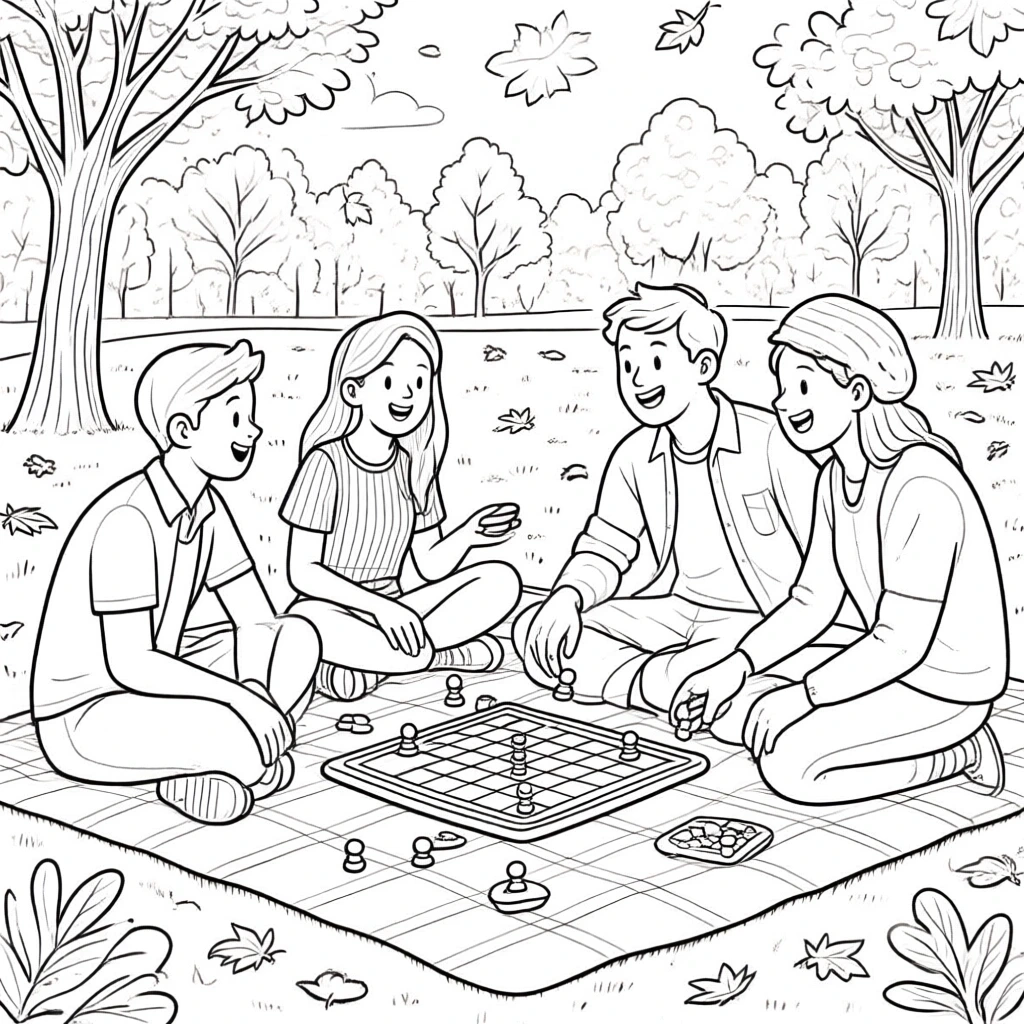 Black-and-white picnic scene with four people sitting on a blanket playing a board game in a park; detailed coloring page for kids' coloring page and a printable coloring page sheet; fall leaves and
