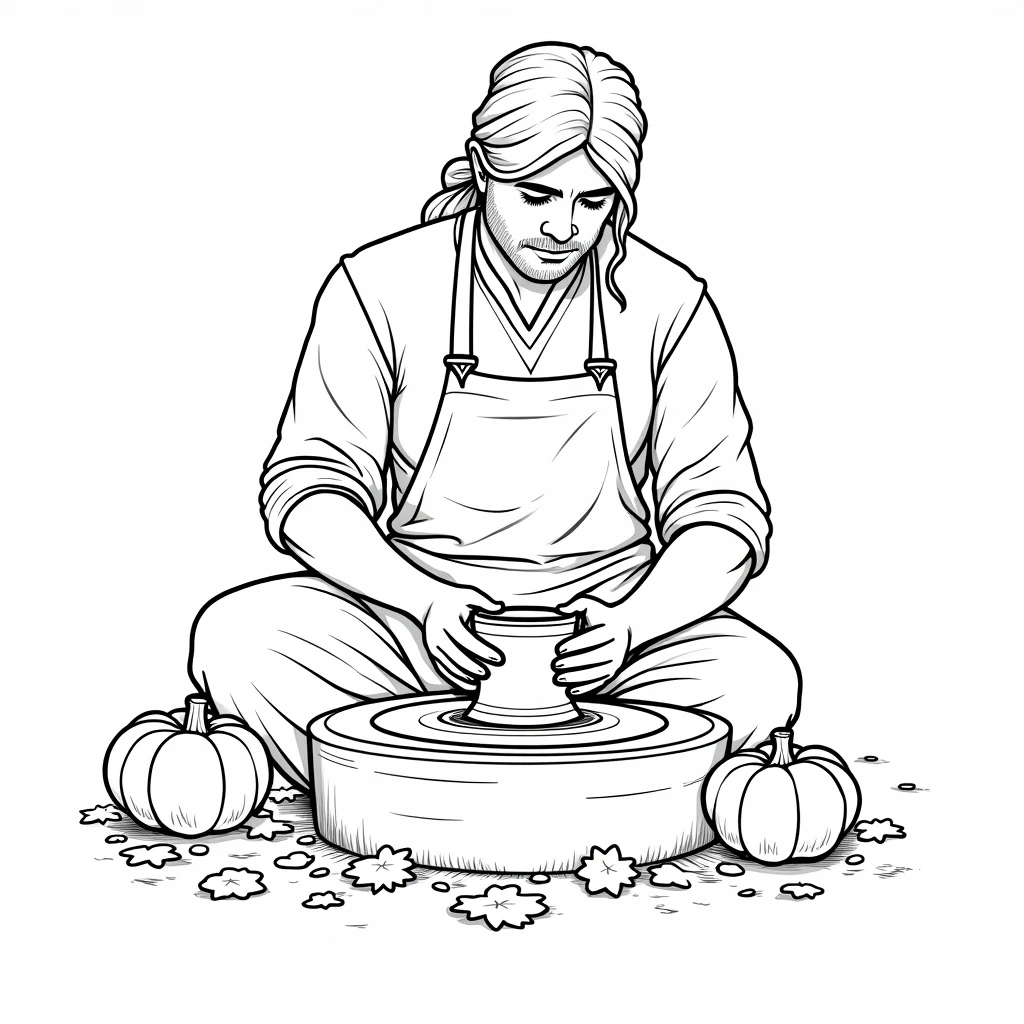 Black-and-white line art of a person at a pottery wheel with pumpkins and scattered leaves; detailed coloring page, kids' coloring page, printable coloring page and coloring sheets for fall and people