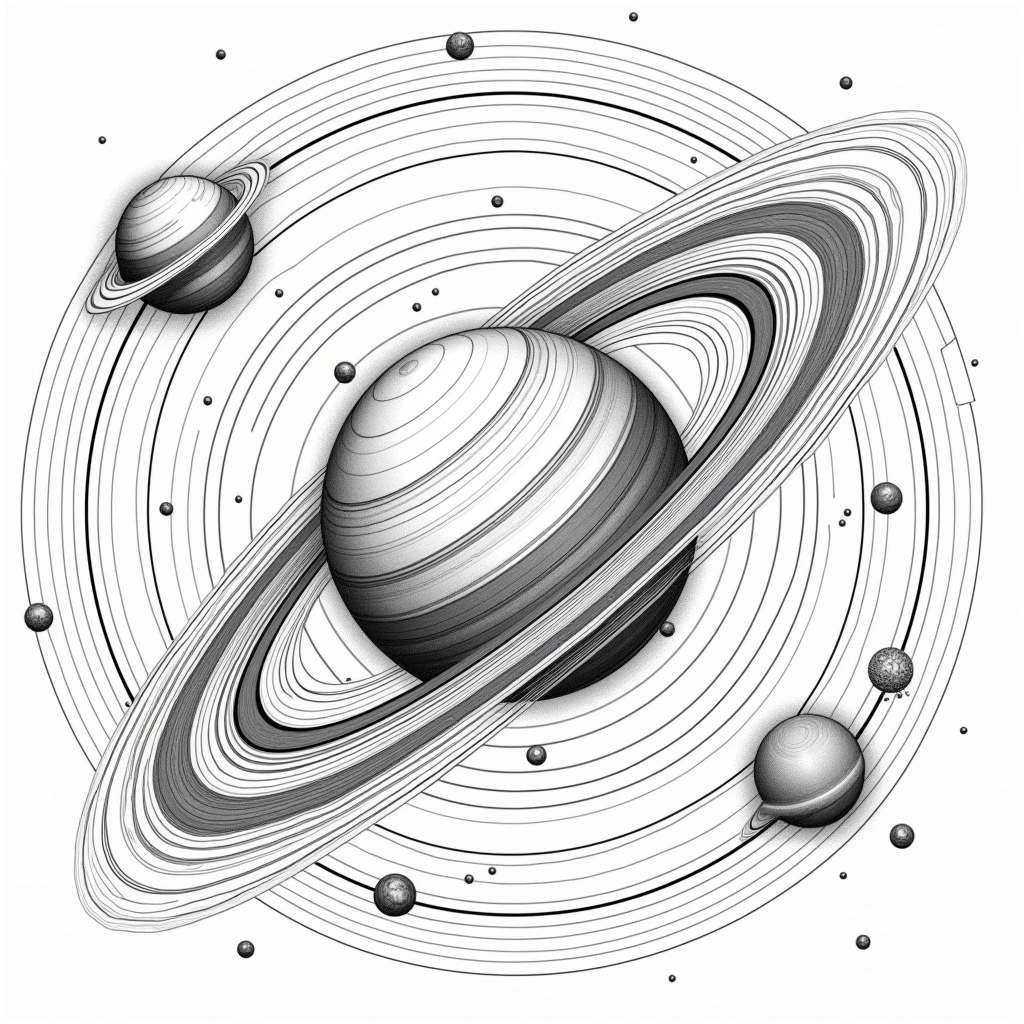 Black and white cosmic planet coloring page with concentric rings and small orbiting planets detailed coloring page, kids' coloring page, printable coloring page, coloring sheets, mandala-style space