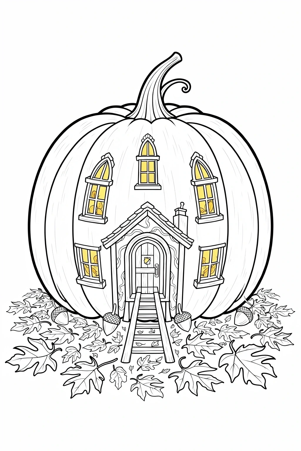Pumpkin house coloring page with ladder, windows and scattered fall leaves detailed coloring page, kids' coloring page, printable coloring page and coloring sheets for fall and Halloween.