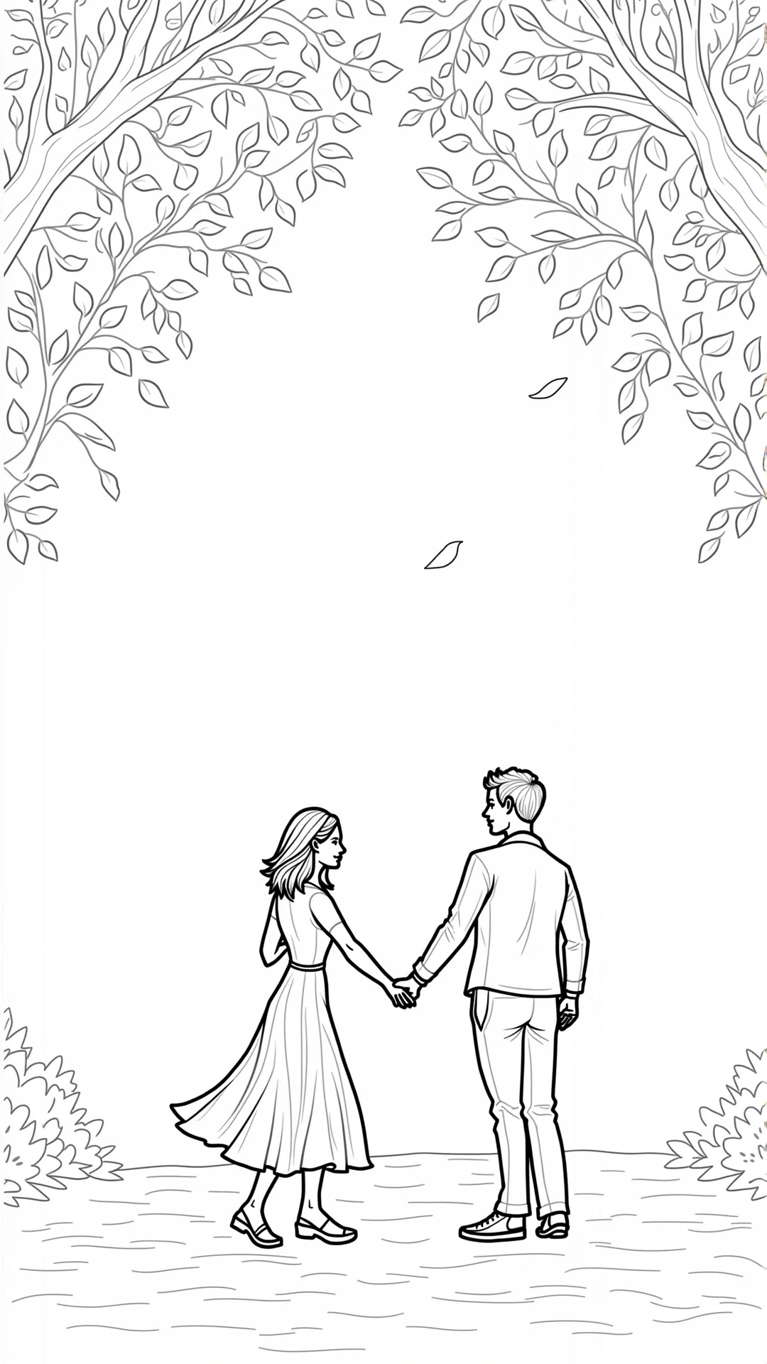 Black-and-white line art of a couple holding hands beneath tree branches detailed coloring page, kids' coloring page, printable coloring page, coloring sheets, people and spring themed.
