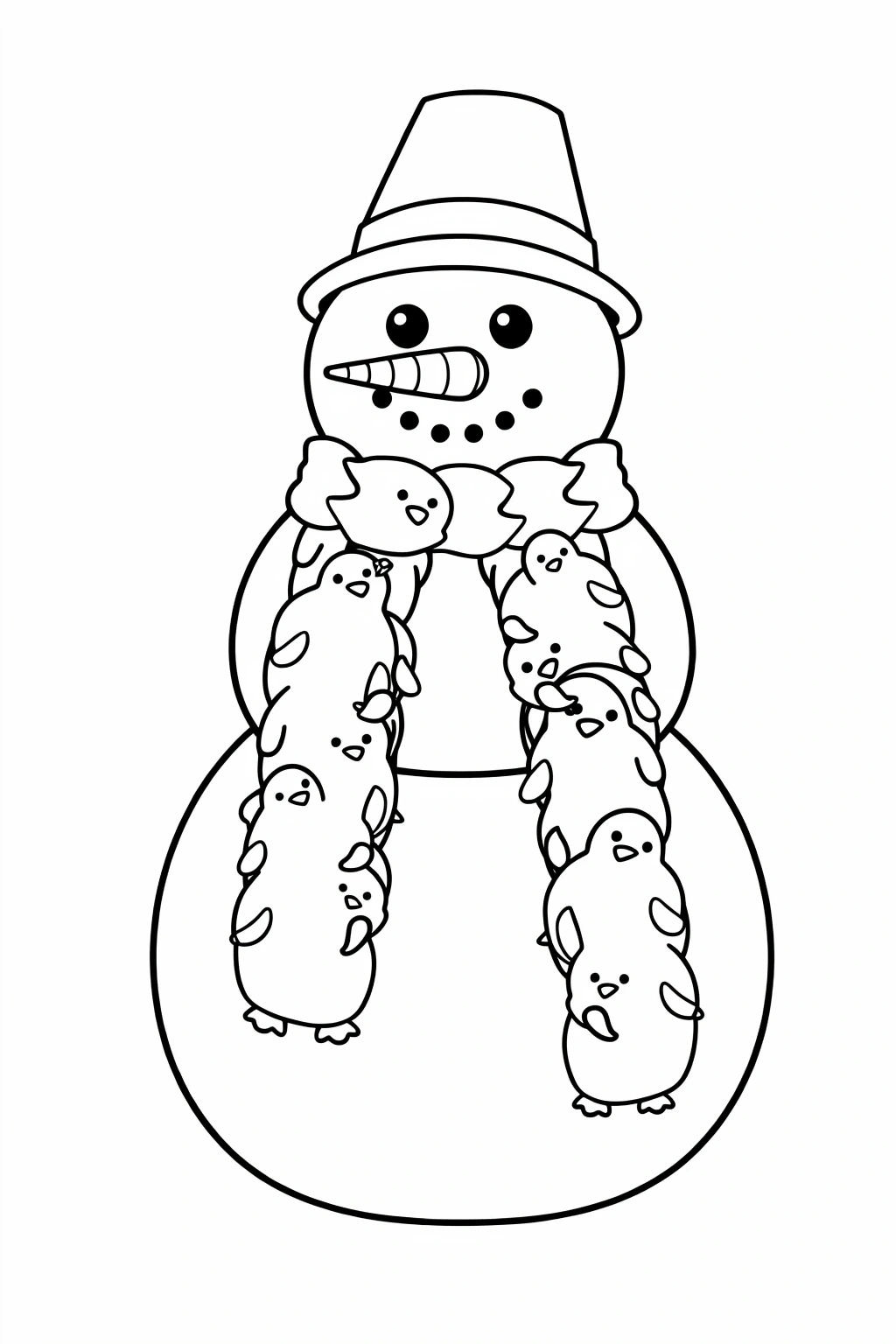 Black-and-white outline of a snowman wearing a hat and a scarf made of small chick characters; a printable coloring sheet meant for kids, part of a printable coloring page and detailed coloring page