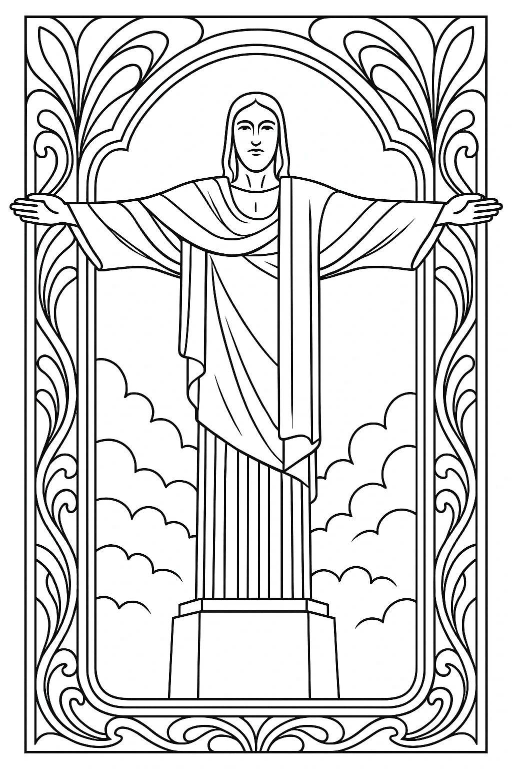 Black-and-white line art of a tall statue with outstretched arms inside an ornate framed border; designed as a printable coloring page and coloring sheet for kids and adults great for detailed