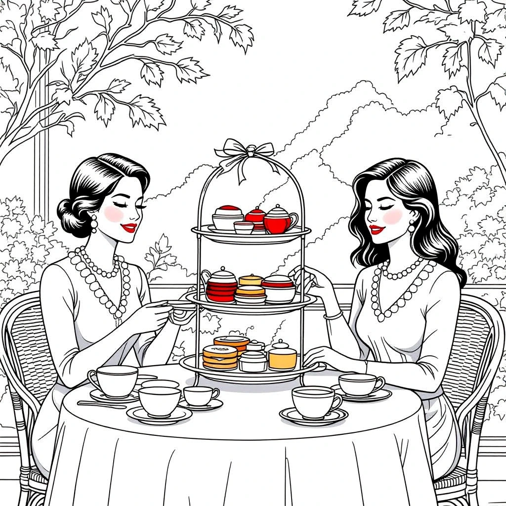 Two women having an elegant tea party in a garden with tiered tray of pastries detailed coloring page, kids' coloring page, printable coloring page, coloring sheets featuring people in a spring/summer