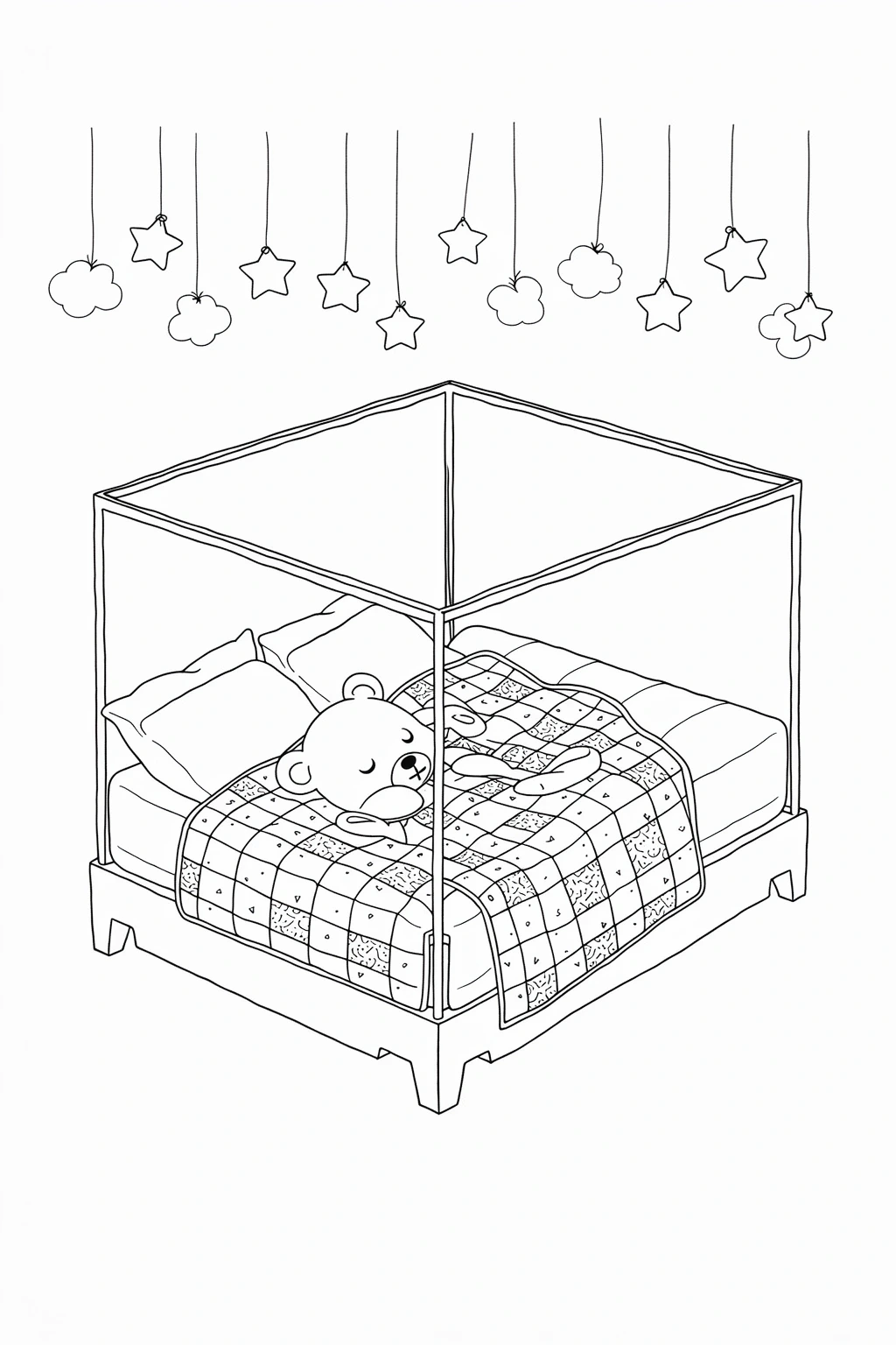 Black-and-white line art of a teddy bear sleeping under a patchwork quilt in a four-poster bed with hanging stars. Ideal detailed coloring page, kids' coloring page, printable coloring page, and
