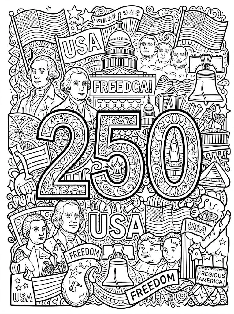 Black and white patriotic USA 250 coloring page featuring American flags, the Capitol, the Liberty Bell, historic figures, and bold freedom-themed lettering, designed as detailed coloring page, kids'