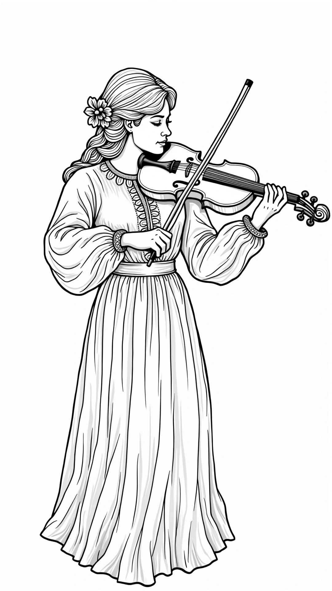 Black-and-white line art of a woman playing a violin a detailed coloring page sheet for kids' coloring page and printable coloring page collections; a printable coloring sheet suitable for