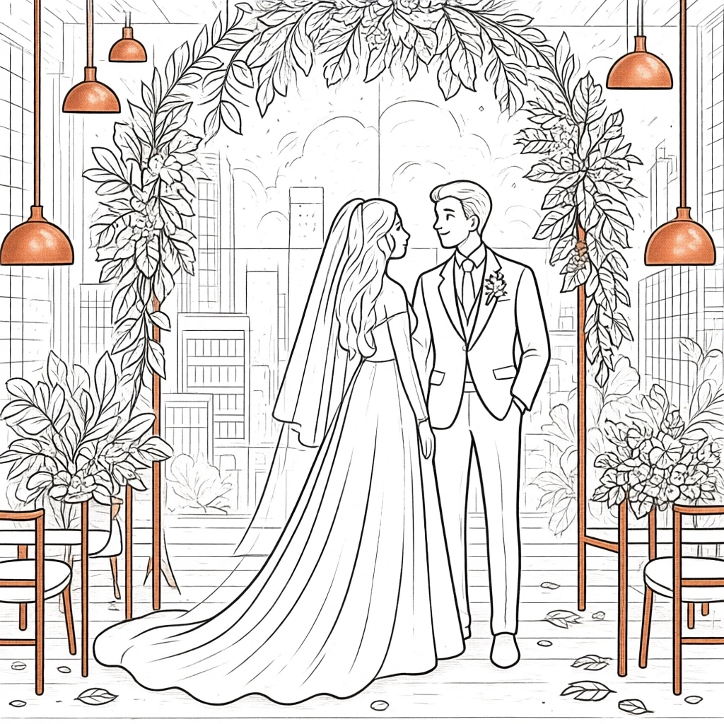 Black-and-white wedding coloring page showing a bride and groom under a floral arch in a city venue detailed coloring page, kids' coloring page, printable coloring page and coloring sheets for people.