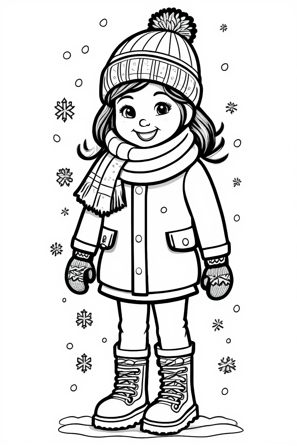 Cute winter girl wearing a knit hat, scarf, coat, mittens, and boots surrounded by snowflakes, designed as a detailed coloring page with winter coloring sheets for kids' coloring page and a printable