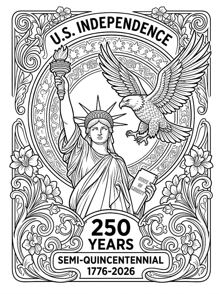 Black-and-white patriotic U.S. Independence 250 years coloring page featuring the Statue of Liberty, a flying eagle, ornate floral borders, and text reading 1776-2026; ideal for detailed coloring