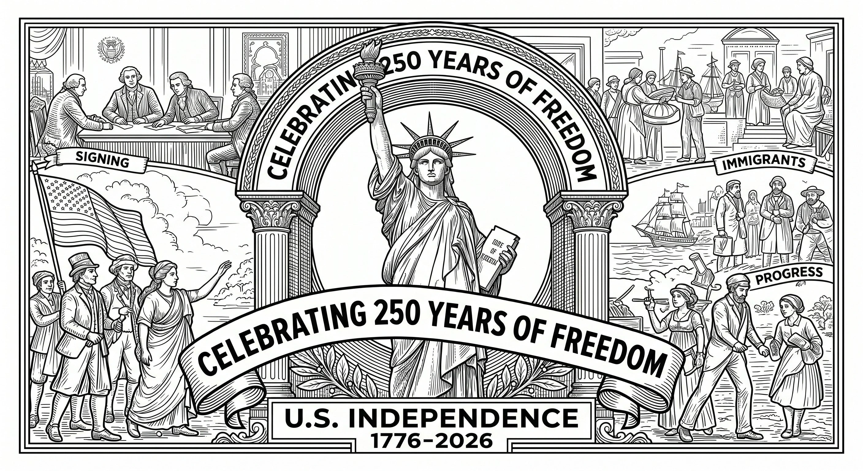 Black and white U.S. Independence 1776-2026 patriotic coloring page with the Statue of Liberty, historical figures, and celebratory banners for kids and family creative time.