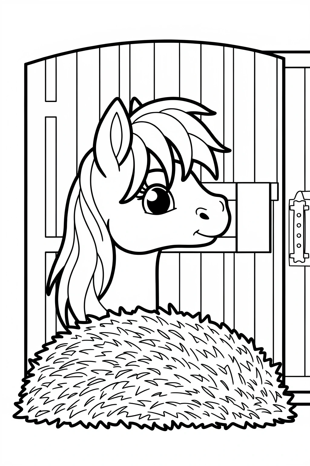 Black-and-white pony coloring page showing a cute horse head peeking over a hay pile in a stable detailed coloring page, kids' coloring page, printable coloring page, coloring sheets, animal.