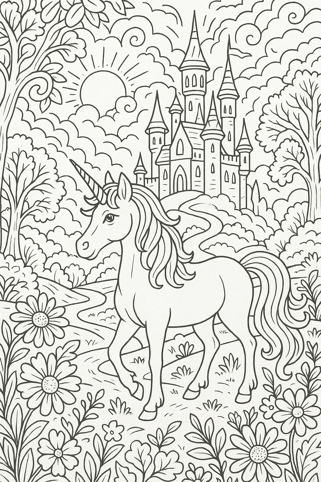 Black-and-white unicorn and castle line art for printable coloring page detailed coloring page, kids' coloring page, coloring sheets, and printable coloring page ready to print.
