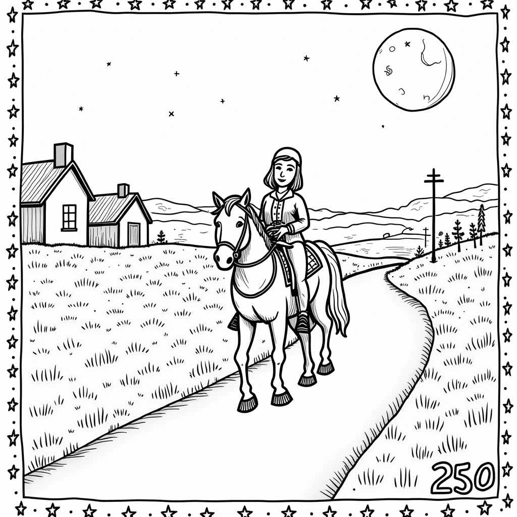 Black and white coloring page of girl riding a horse on a winding country road under a moonlit sky with houses and hills in the background