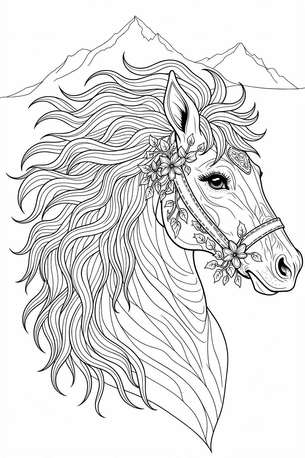 Detailed black and white coloring page of a horse head with flowing mane, floral bridle, and mountains in the background.