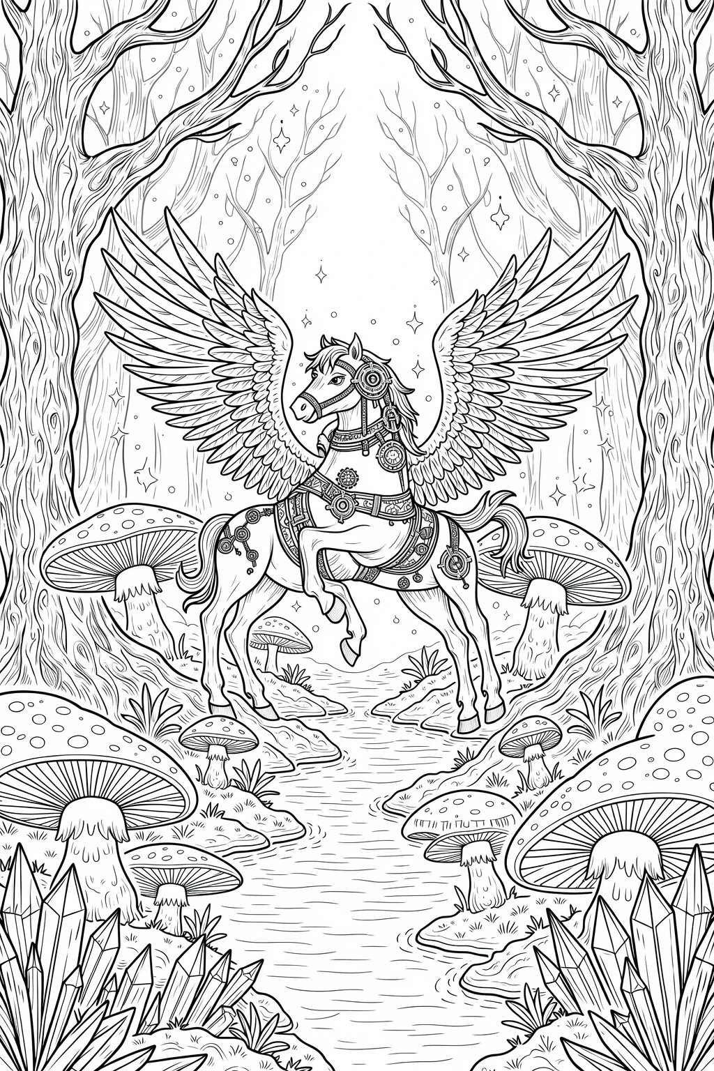 Intricate coloring page of a steampunk winged horse standing in a fantasy forest with mushrooms, trees, and crystals.