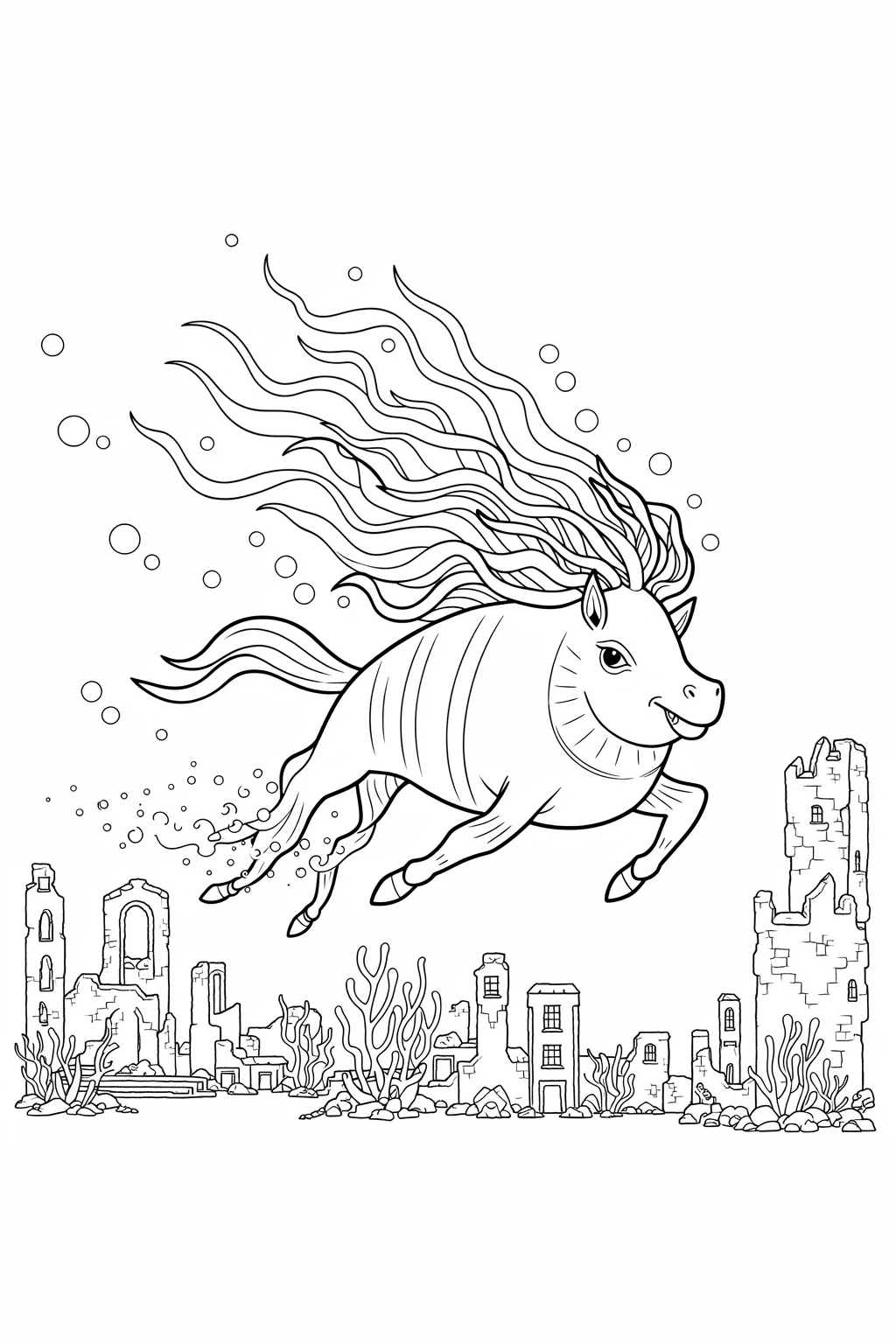 Black and white coloring page of horse swimming underwater above an ocean ruin with bubbles and flowing mane
