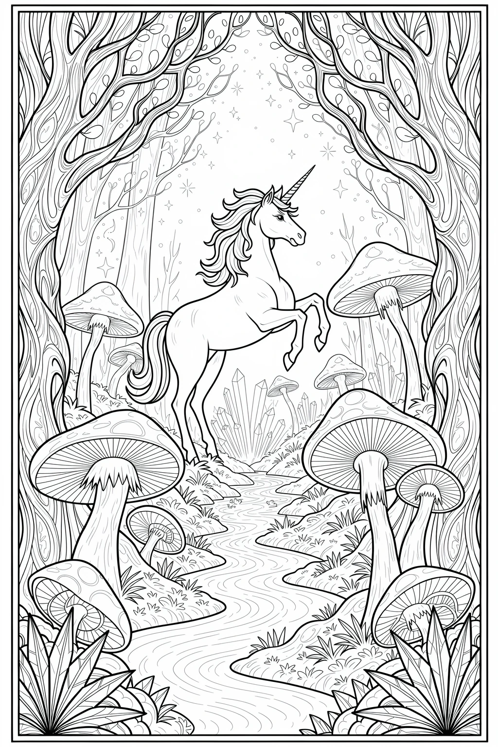 Black and white coloring page of unicorn standing in a magical forest with large mushrooms, a winding stream, trees, sparkles, and crystals