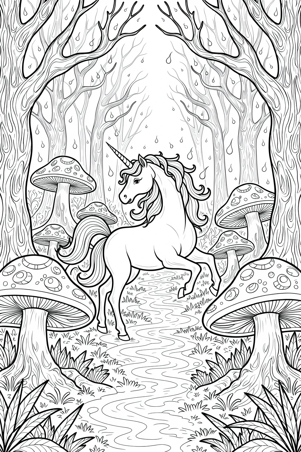 Black and white coloring page of unicorn standing on a forest path surrounded by tall trees and large mushrooms