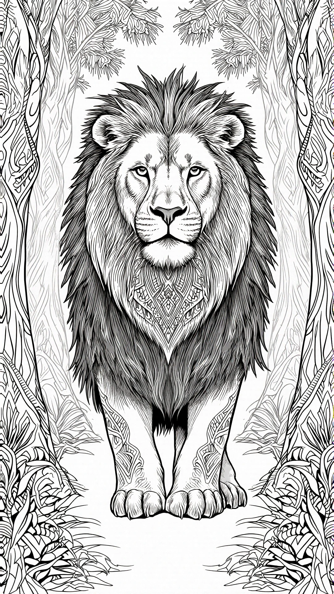 Intricate black-and-white line art of a regal lion with mandala-style details standing between forest trees; ideal for animal coloring page, detailed coloring page, kids' coloring page, printable