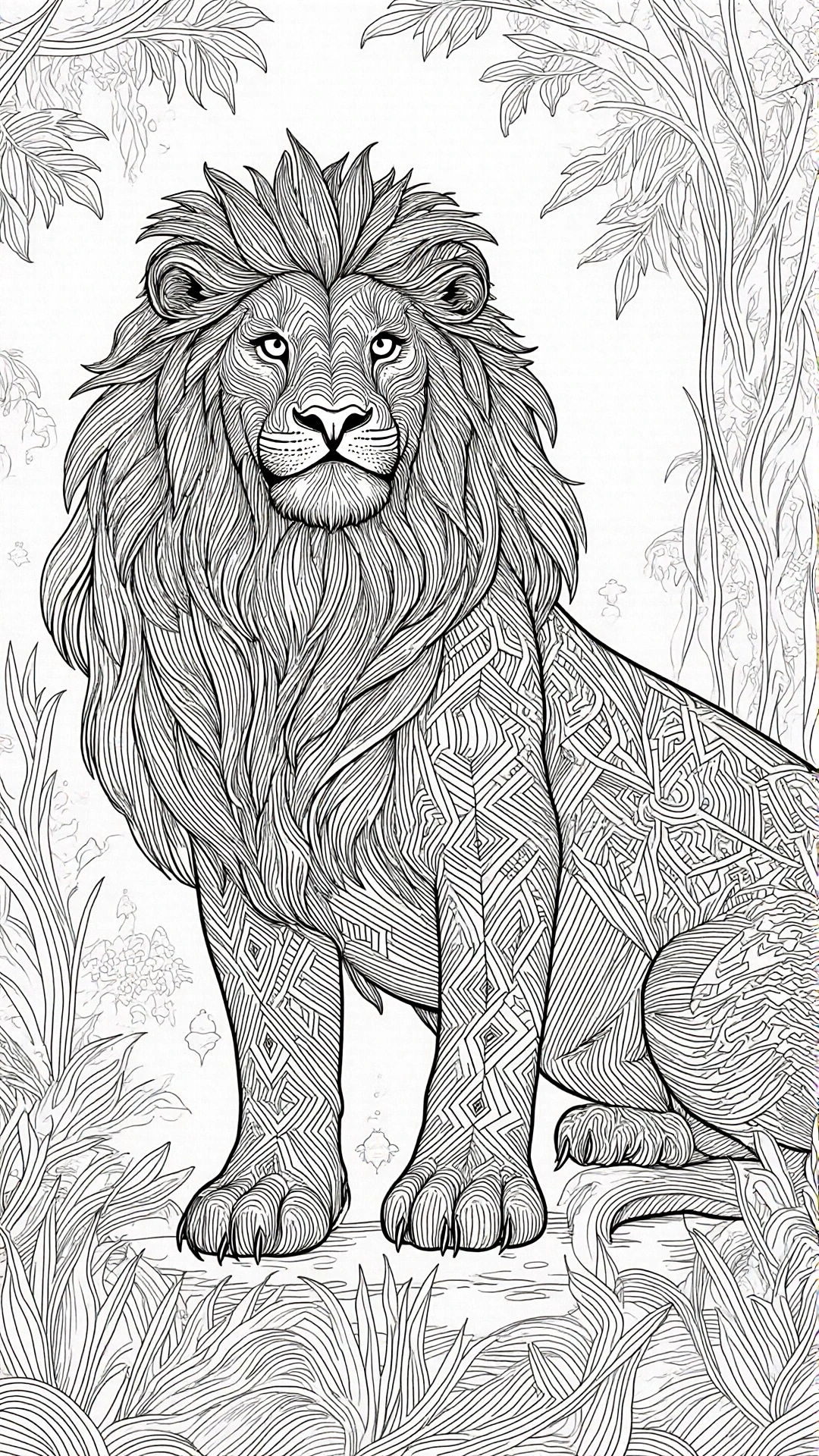 Intricate black and white lion with mandala style patterns in a jungle scene; a printable coloring page for animal lovers ideal for detailed coloring page, kids' coloring page, printable coloring page
