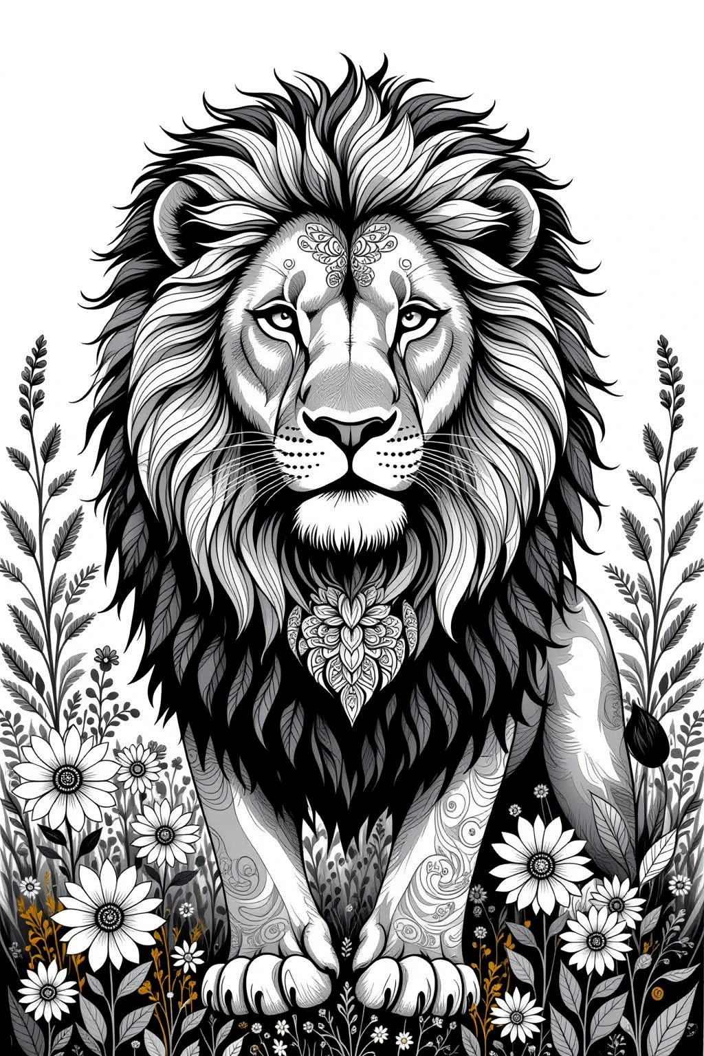 Black-and-white detailed line art of a lion with mandala patterns and spring wildflowers; ideal for animal coloring page. Great for detailed coloring page, kids' coloring page, coloring sheets, or