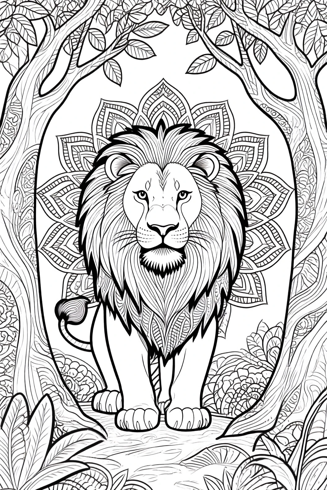 Black and white lion mandala coloring page with nature background detailed coloring page, kids' coloring page, printable coloring page and coloring sheets featuring animal and mandala designs.