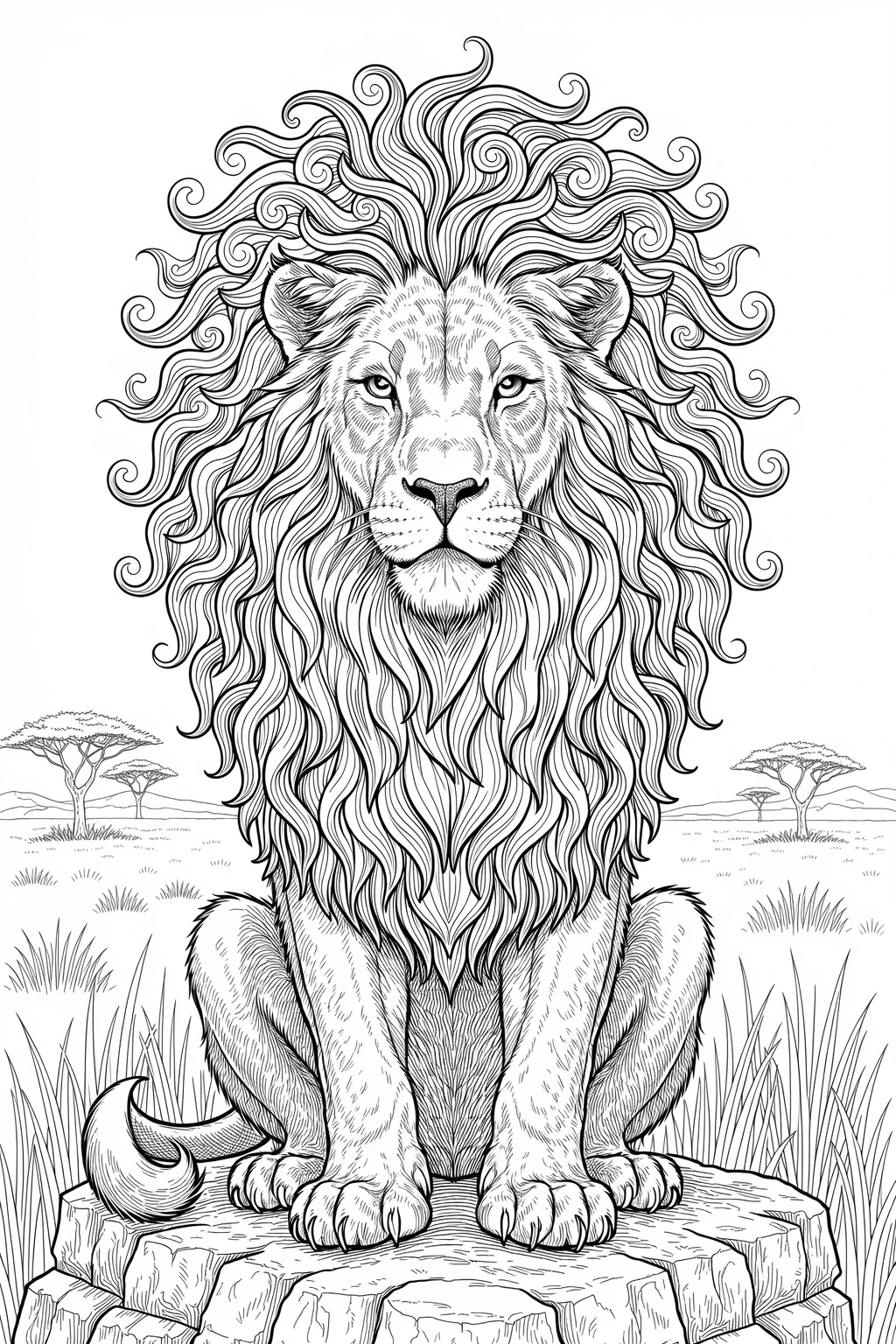 Black and white lion line art with flowing mane a detailed coloring page design ideal for kids' coloring page, printable coloring page projects, and printable coloring sheets; mandala-like details in