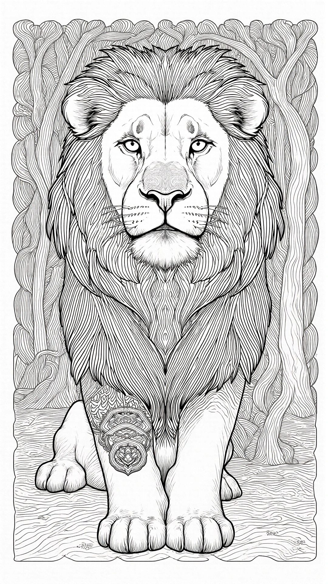Black and white lion illustration with intricate mane and mandala-style leg detail detailed coloring page, kids' coloring page, printable coloring page, coloring sheets for animal fans.