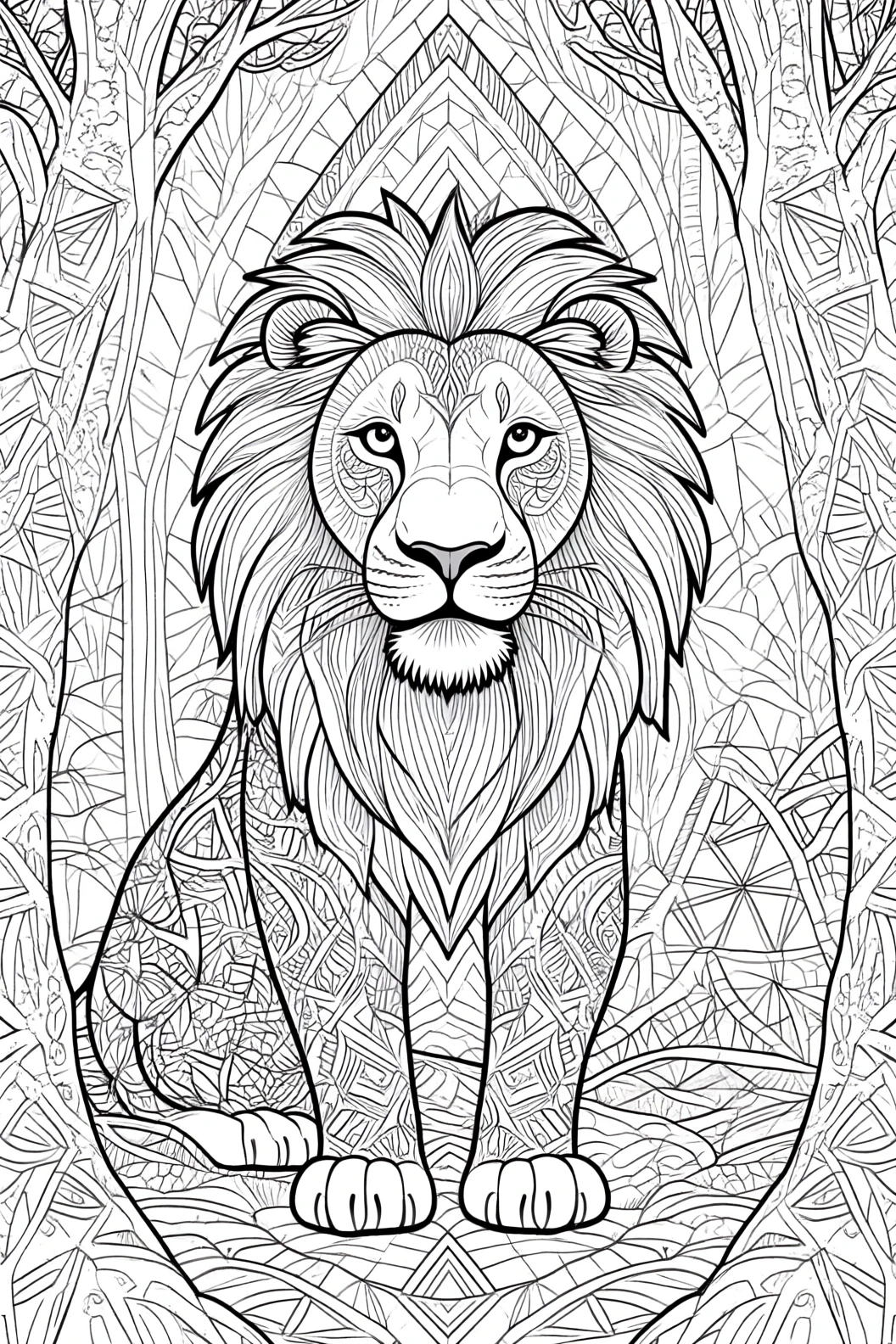 Intricate black-and-white lion line art featuring mandala patterns a detailed coloring page for a printable coloring page, kids' coloring page and coloring sheets.
