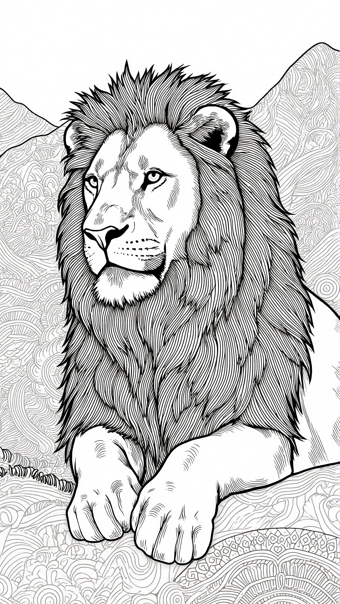 Black and white detailed lion coloring page with intricate mane and mandala-style background; ideal detailed coloring page, kids' coloring page, printable coloring page and coloring sheets.