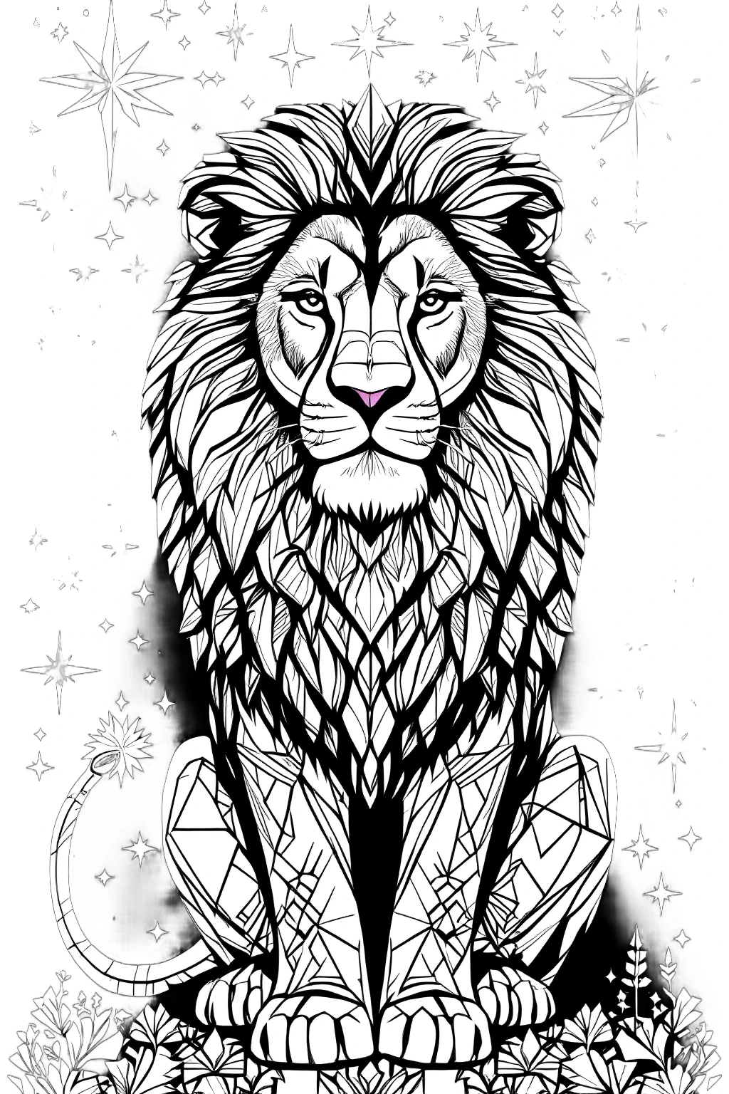 Intricate lion line art on black background ornate mane and geometric patterns for detailed coloring page, kids' coloring page, printable coloring page and coloring sheets.