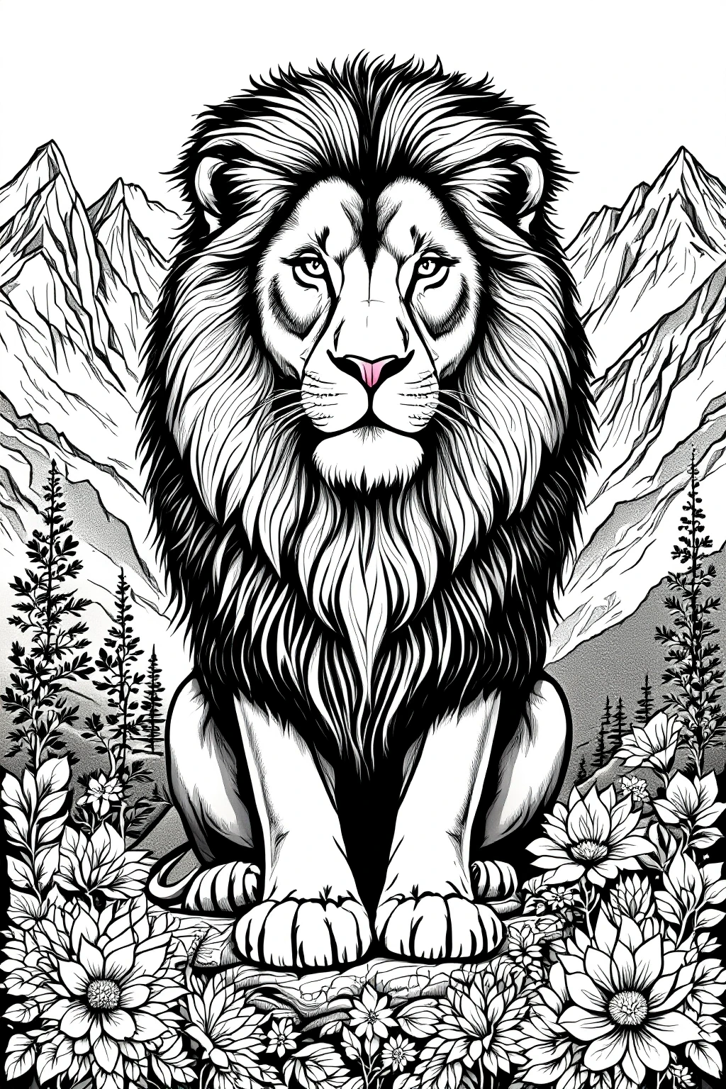 Intricate black-and-white line art of a regal lion sitting among spring flowers with mountain peaks behind ideal for animal coloring page. Suits both detailed coloring page and kids' coloring page
