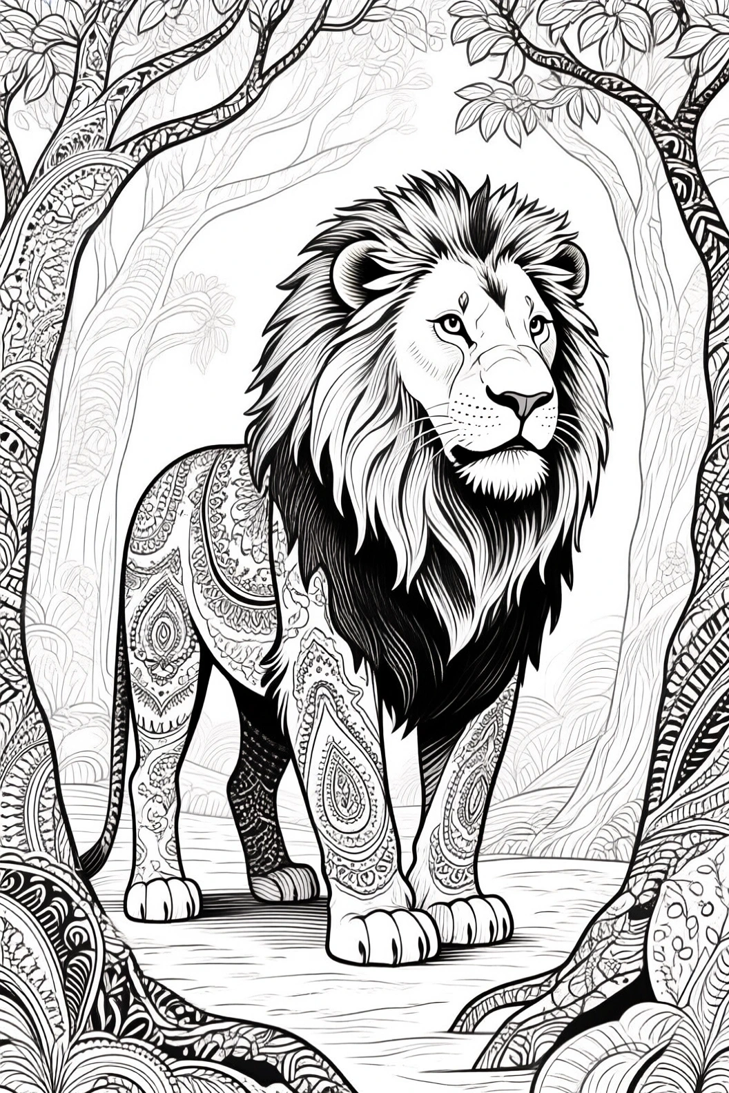 Black-and-white detailed lion coloring page with mandala patterns on its body and decorative forest background printable coloring sheet, part of a printable coloring page and kids' coloring page
