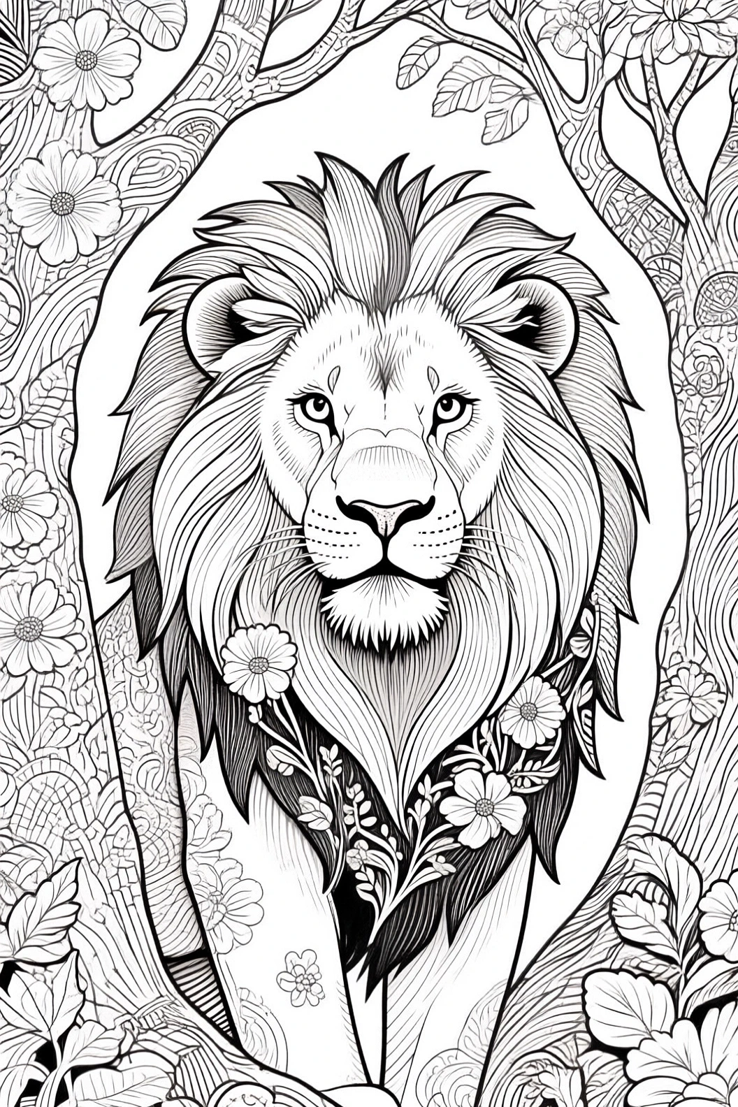 Black-and-white detailed lion coloring page with floral and mandala-style patterns perfect detailed coloring page, kids' coloring page, printable coloring page and coloring sheets.