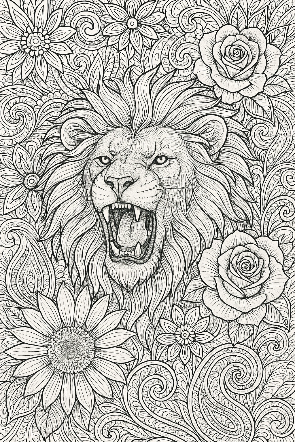 Intricate roaring lion line art surrounded by flowers and swirls detailed coloring page, kids' coloring page, printable coloring page, coloring sheets, animal mandala design.