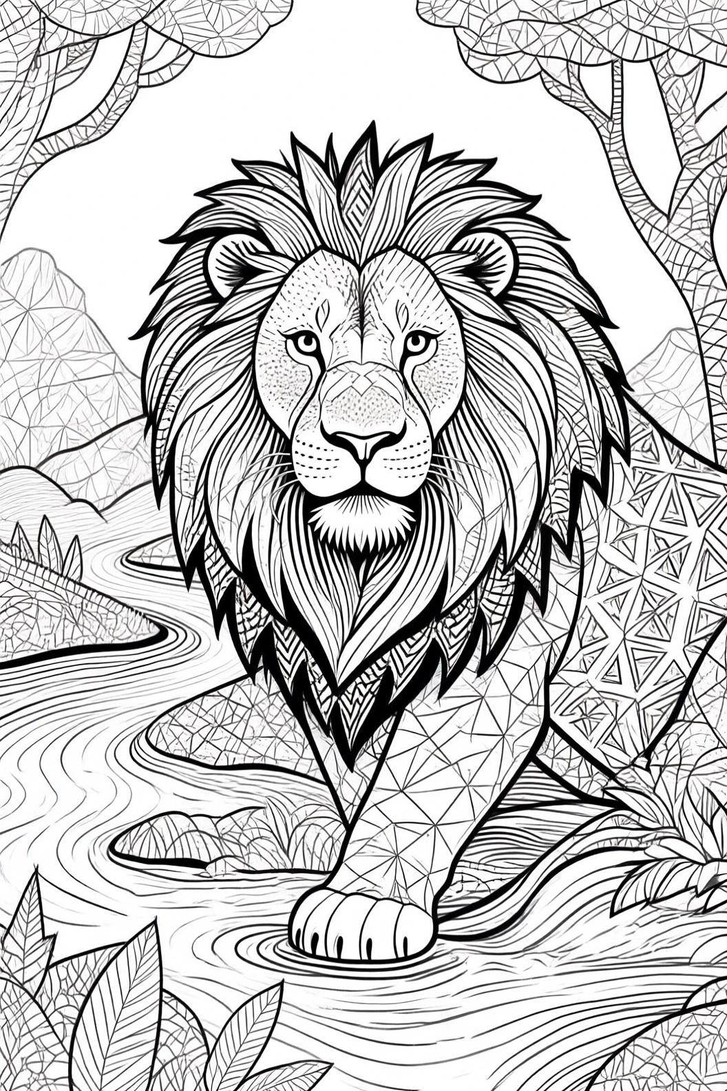 Black and white lion coloring page with intricate mane and patterned body detailed coloring page, kids' coloring page, printable coloring page, and coloring sheets for animal and mandala fans.