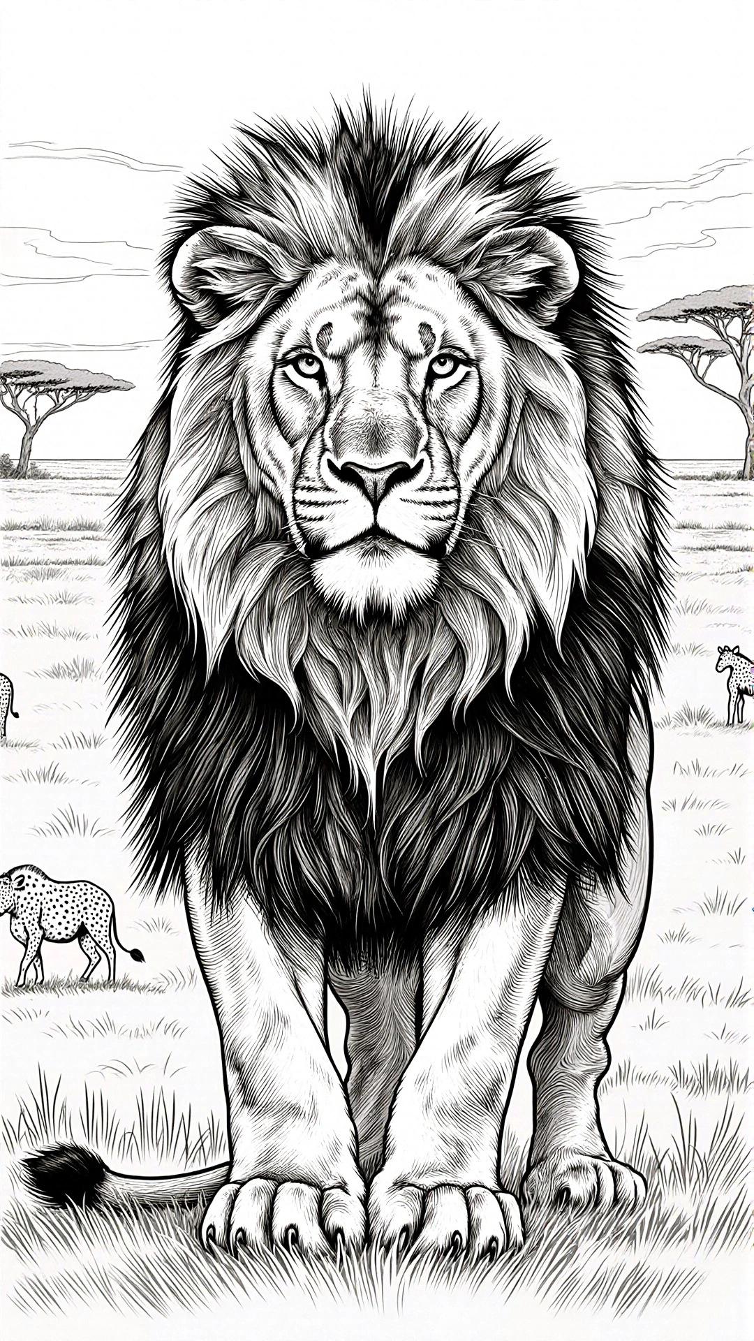Majestic lion standing in an African savanna with acacia trees black-and-white line art designed for detailed coloring page. Ideal for kids' coloring page and adult coloring page; animal coloring page