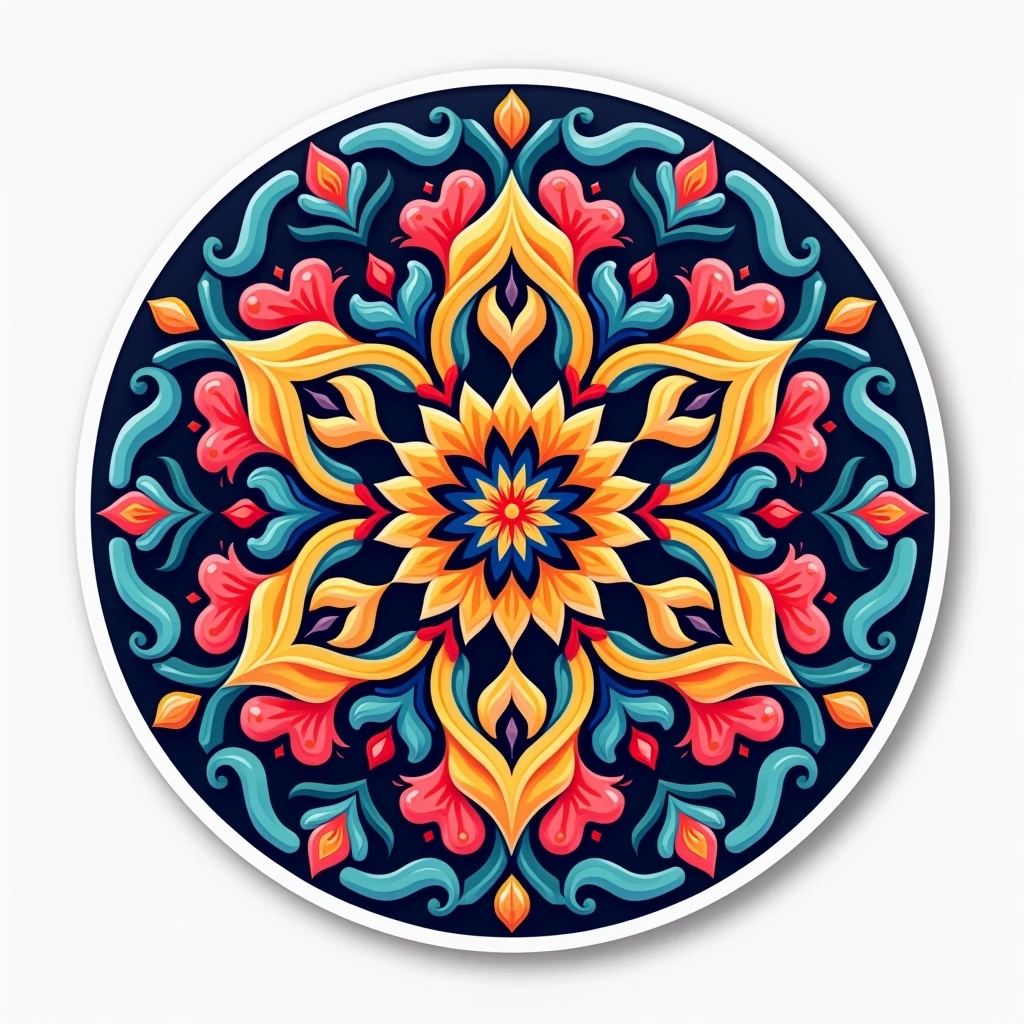 Black and white coloring page of circular floral mandala with symmetrical petals, swirls, and decorative leaves arranged around a central flower