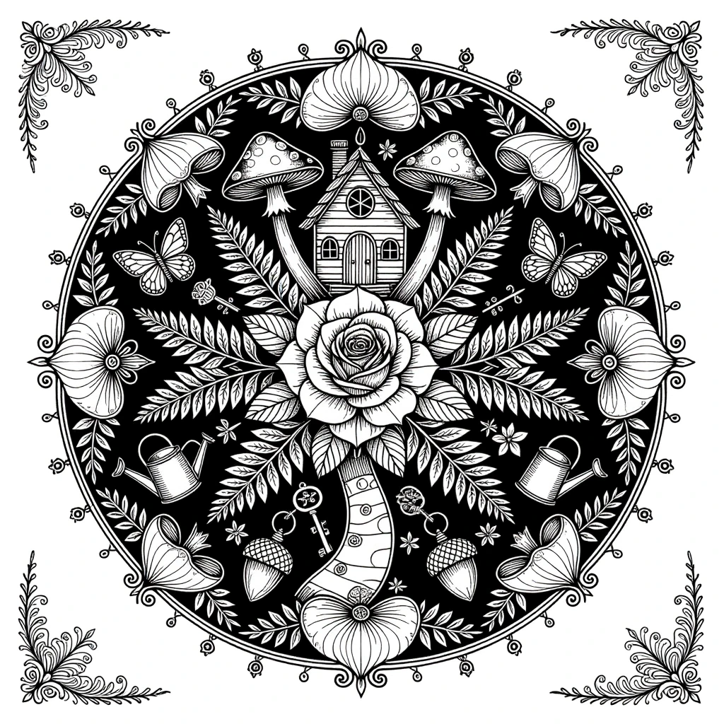 Black and white coloring page of intricate circular floral mandala with a rose in the center, mushrooms, butterflies, leaves, and a small cottage surrounded by ornamental corners