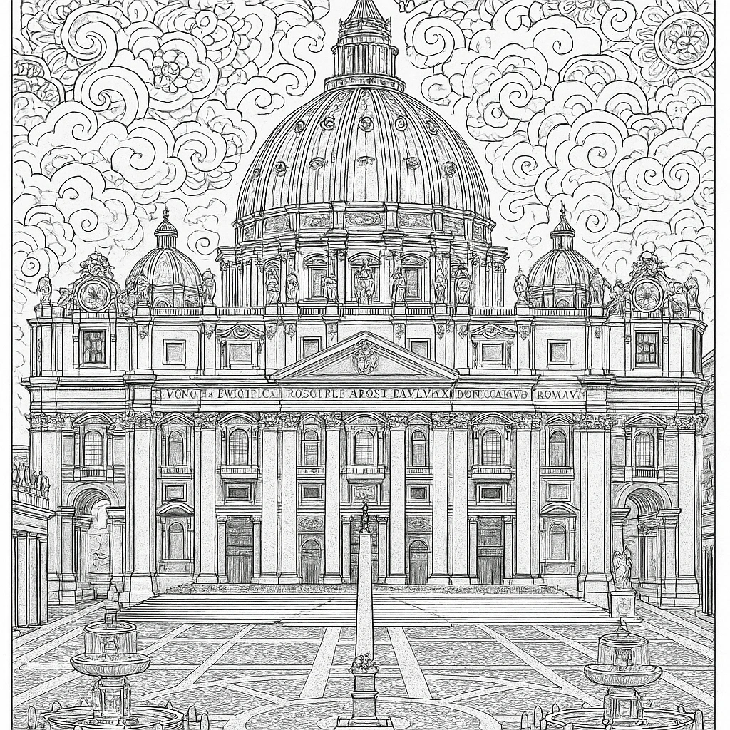 Black-and-white detailed cathedral coloring sheet with ornate dome, columns, plinths, fountains and swirling mandala-style clouds a printable coloring page for detailed coloring page, kids' coloring