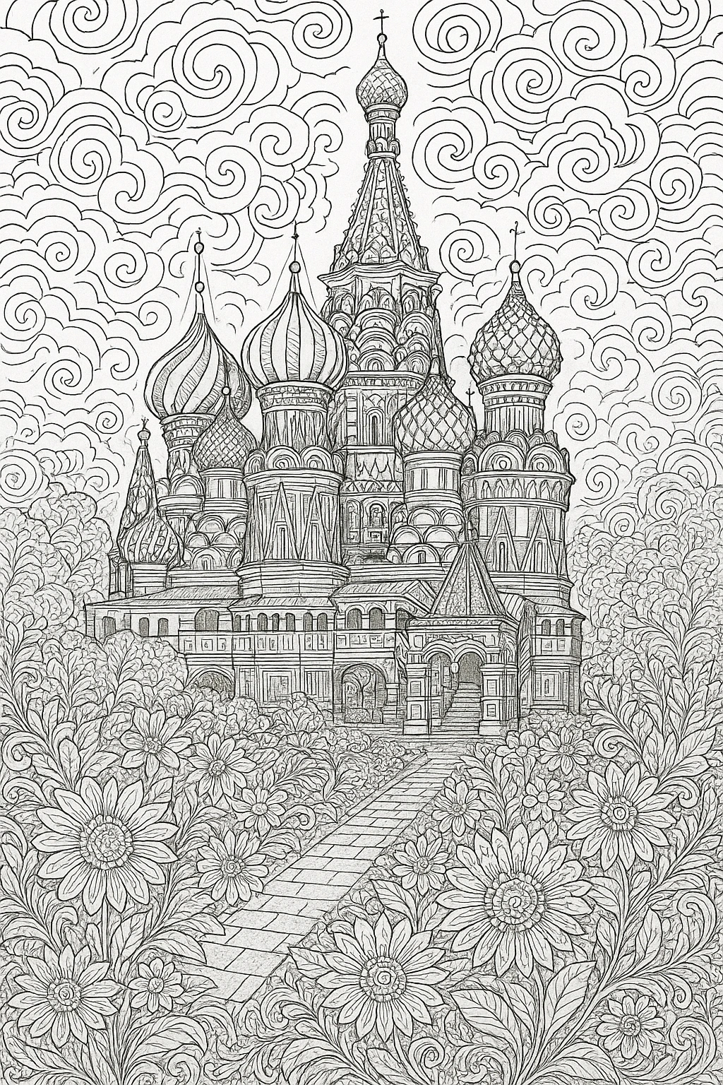 Line-art cathedral with onion domes, swirling sky and floral foreground detailed coloring page for kids' coloring page, printable coloring page and coloring sheets, spring mandala-style scene.