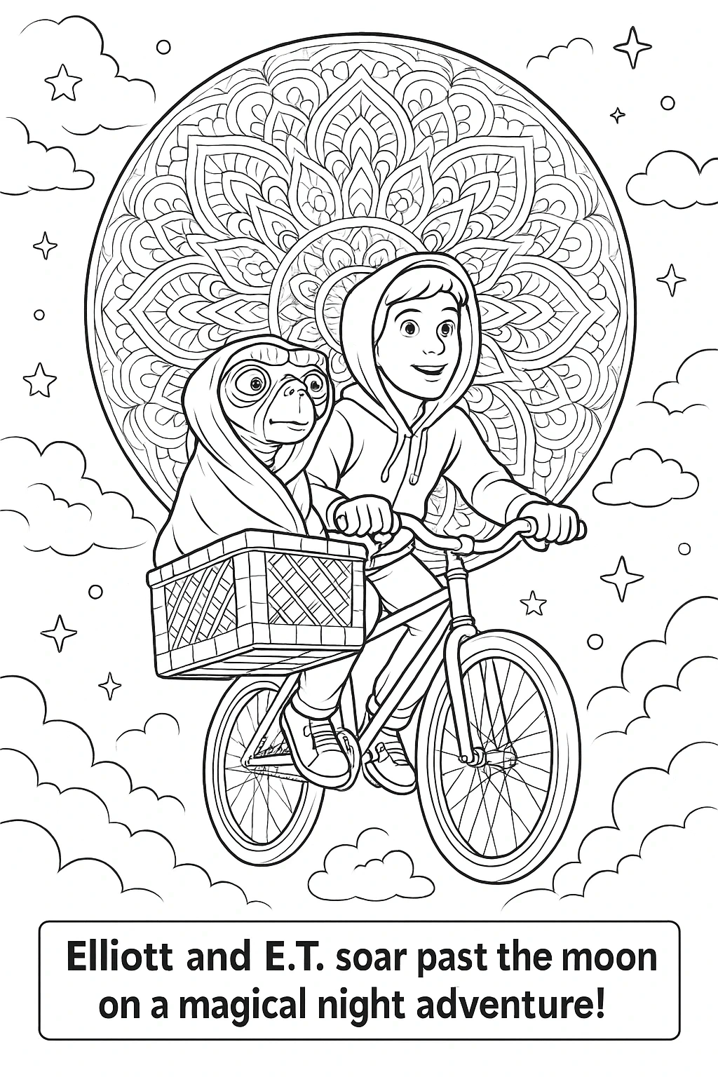 Black-and-white mandala background with Elliott riding a bicycle and E.T. in the basket detailed coloring page, kids' coloring page, printable coloring page, coloring sheets with mandala and people